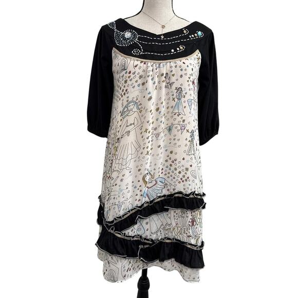 MINKPINK Silk Embellished Dress Sz 2 Oversized Graphic Print Boho Indie Artsy - Picture 1 of 11